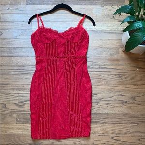 red strappy lace velvet insert bodycon dress